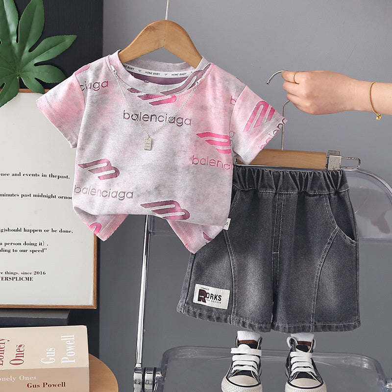 Boys' Stylish Outfit 2026 New Model for Toddlers, Lightweight Summer Wear with Jacquard Letter Print Short Sleeve Two-Piece Set