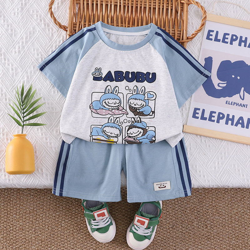 Boys' Summer Outfit 2026 New Fashionable Cartoon Sports Short Sleeve Set for 1-3 Year Old Boys and Girls