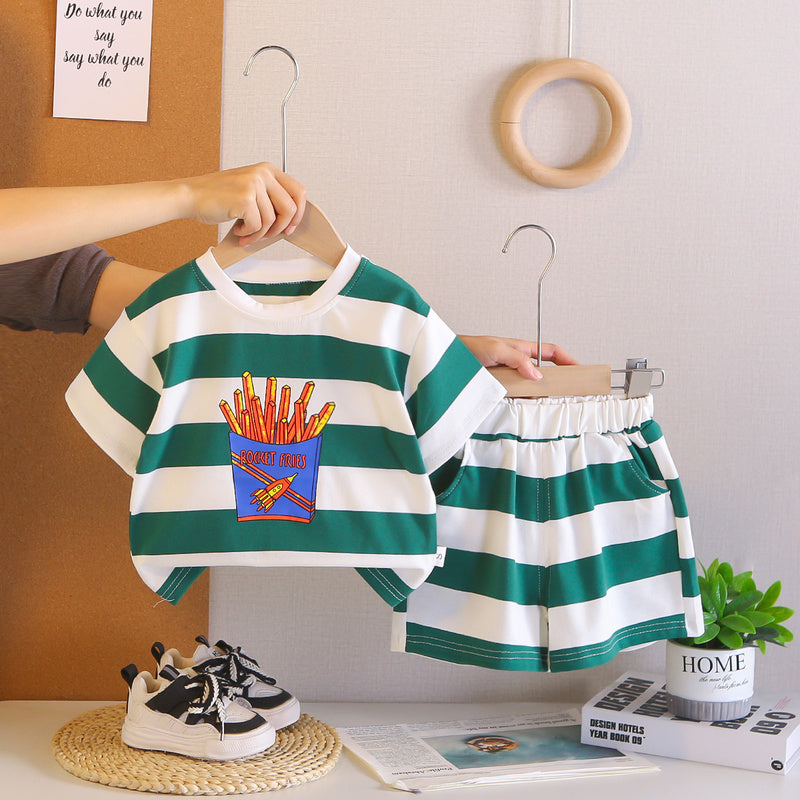 Boys' Outfit Set 2026 New Style Toddler Baby Summer Short Sleeve Striped Cartoon Clothes Two-Piece Children's Wear