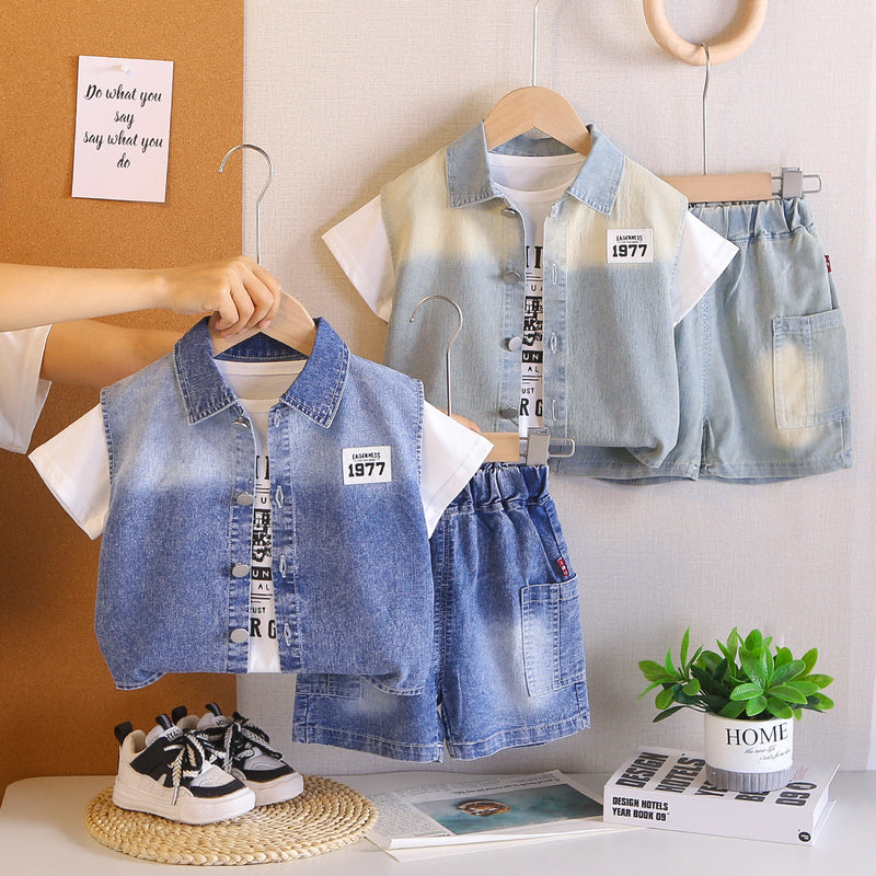 Boys' Summer Denim Vest Short Sleeve Set 2-4 Year Old Boys, 2026 New Fashionable Style for Infants and Toddlers