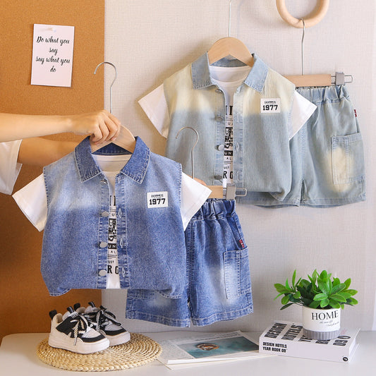 Boys' Summer Denim Vest Short Sleeve Set 2-4 Year Old Boys, 2026 New Fashionable Style for Infants and Toddlers