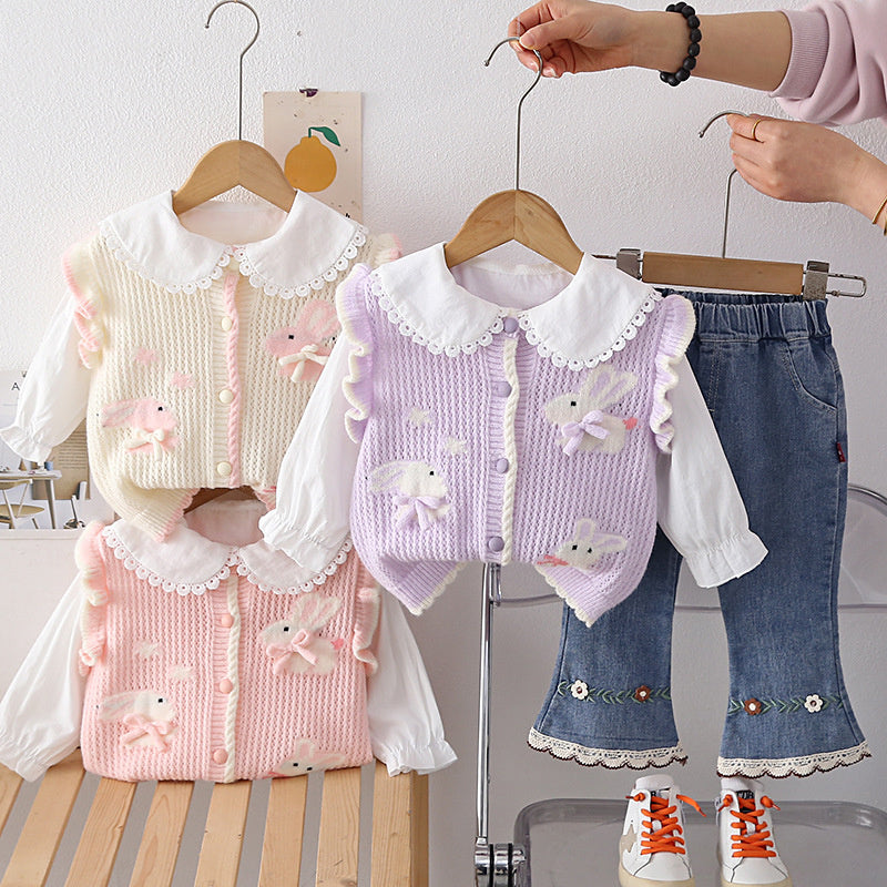 Girls' and Autumn Outfit 2026 New Fashionable Children's Three Rabbits Sweater Three-Piece Set Baby Spring Clothes Trendy