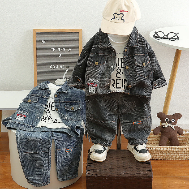 Boys' Spring and Outfit 2026 New Fashionable Children's Denim Casual Three-Piece Set Baby's Trendy Autumn Jacket