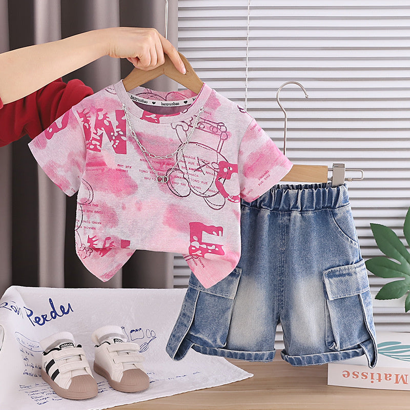 Outfit 2026 New Style Toddler Baby Summer Clothes Boys' Tie-Dye Big Bear Short Sleeve Two-Piece Set Trendy