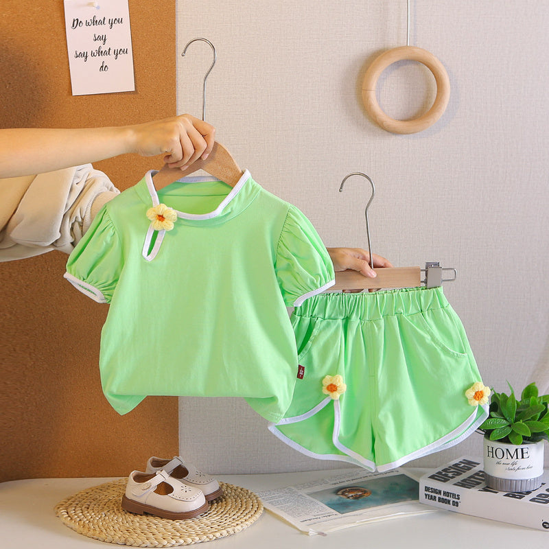 Girls' Summer Chinese Style Floral Short Sleeve 2026 New Fashionable Children's Casual Shorts Two-Piece Set
