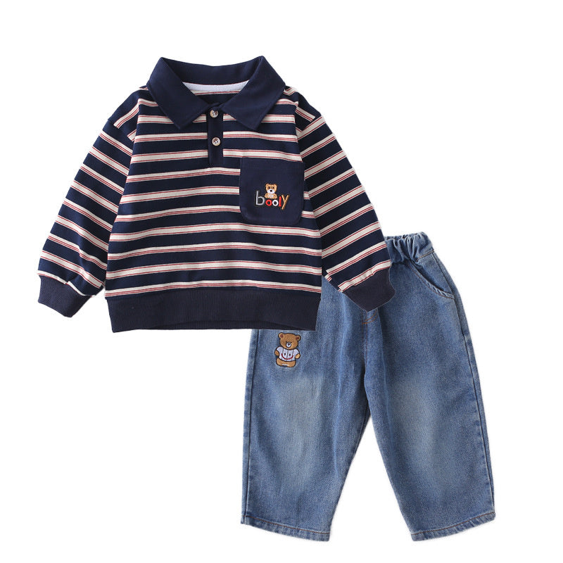 Boys' Outfit 2026 New Fashionable Baby Clothing, Spring and Autumn Striped Pocket Bear Button-Up Shirt Two-Piece Set