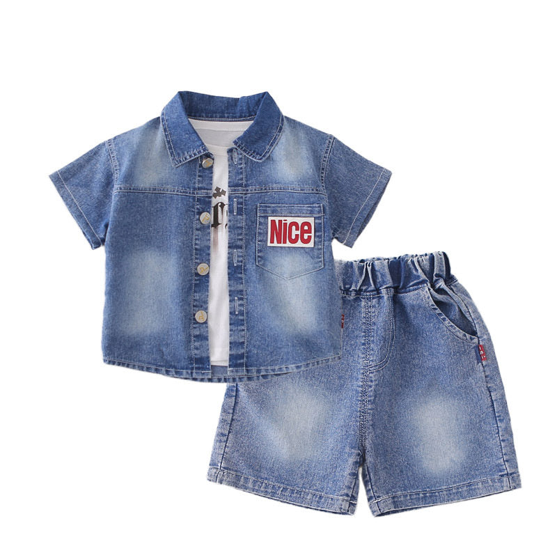 Boys' Outfit 2026 New Stylish Children's Thin Letter Denim Short Sleeve Three-Piece Set Baby Summer Trend
