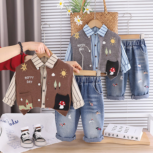 Boys' Spring Outfit 2026 New Fashionable Baby Children's Cartoon Little Sun Sweater Three-Piece Set