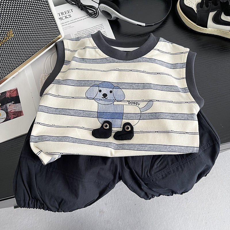 Baby Outfit Set 2026 New Model Boys' Striped Buttoned Puppy Vest Shorts Infant Children's Clothing Toddler Summer Wear