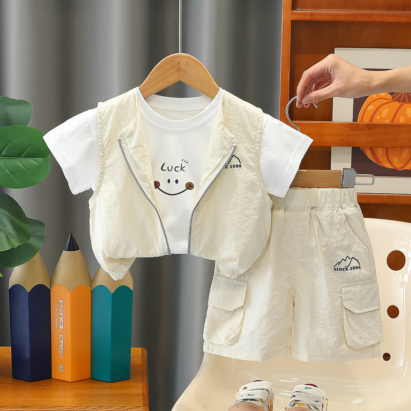 Boys' Outfit 2026 New Fashionable Children's Sporty Outdoor Style Summer Short-Sleeve Three-Piece Set for 1-3 Year Olds Trendy