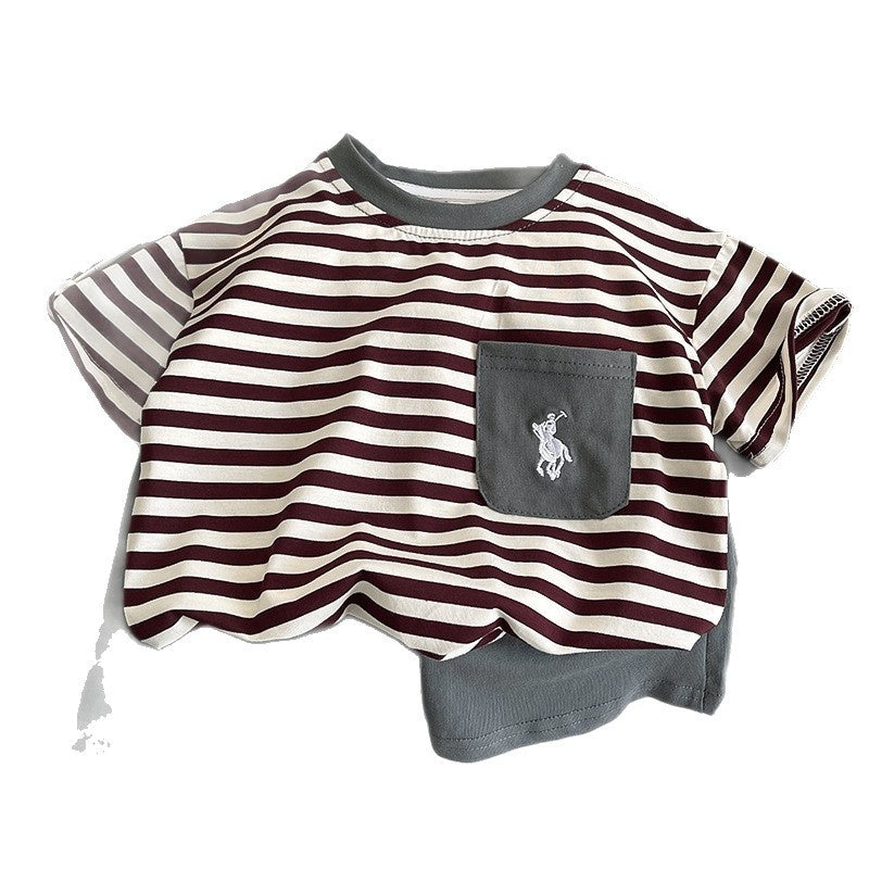 Boys' Outfit 2026 New Striped Embroidered Pocket Short Sleeve Two-Piece Set Children's Summer Clothes Trendy Kids' Wear