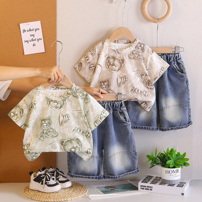 Boys' Outfit Children's Clothing 2026 New Summer Style Full Bear Head Print Round Neck Short Sleeve Two-Piece Set Trendy