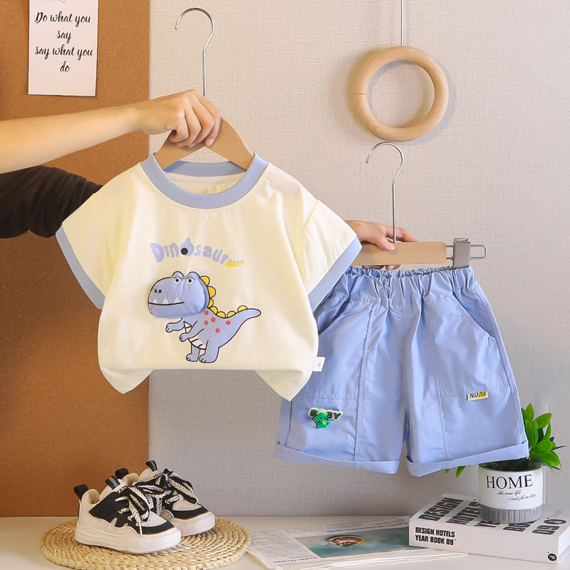 Boys' Outfit Dinosaur Round Neck Short Sleeve New Fashionable Summer Two-Piece Set for Baby Boys with Shorts