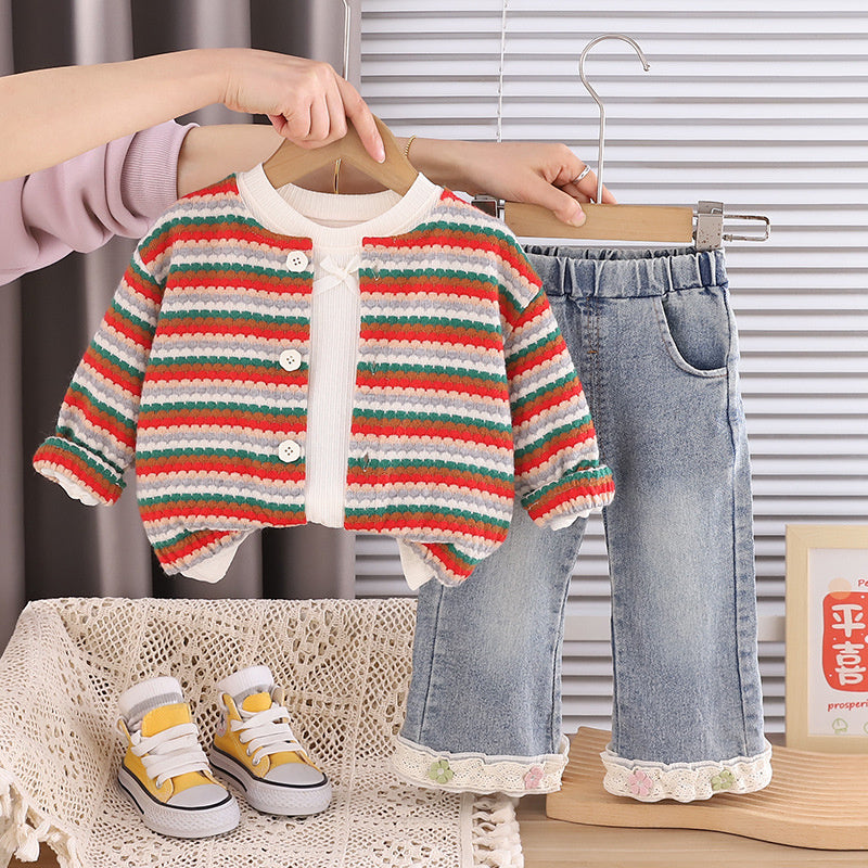 Girls' and Autumn 2, Children's Clothing, Stylish Girls, Striped Sweater Three-Piece Set, Spring Outfit for 1-Year-Old Baby Girls