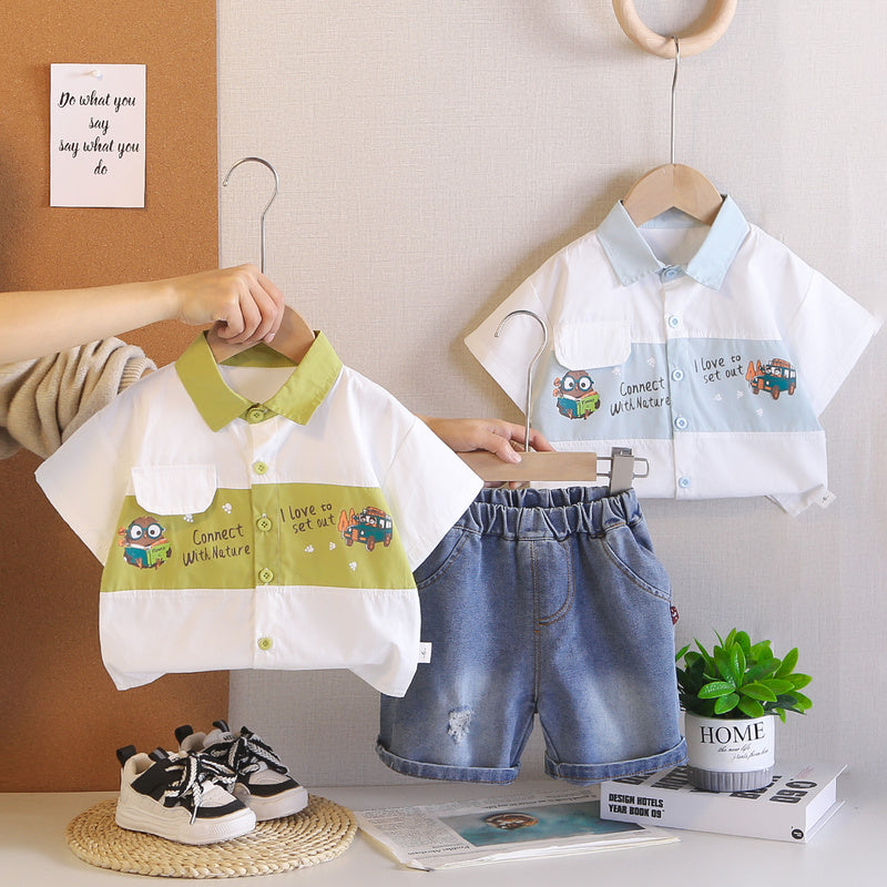 Boys' Summer Outfit 2026 New Fashionable Printed Cartoon Short-Sleeve Shirt Shorts Two-Piece Set for Infants and Children