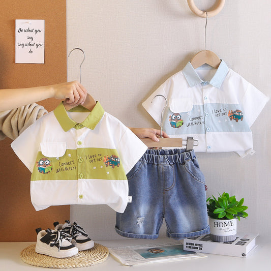 Boys' Summer Outfit 2026 New Fashionable Printed Cartoon Short-Sleeve Shirt Shorts Two-Piece Set for Infants and Children
