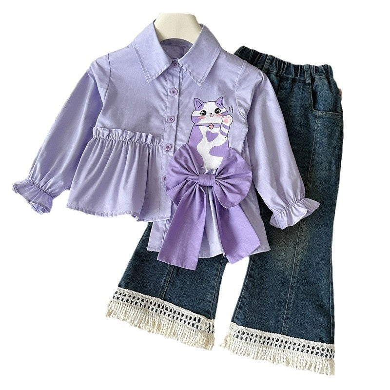 Girls' Spring Outfit 2025 New Korean Style Fashionable Long Sleeve Shirt and Denim Flared Pants Two-Piece Set Trendy