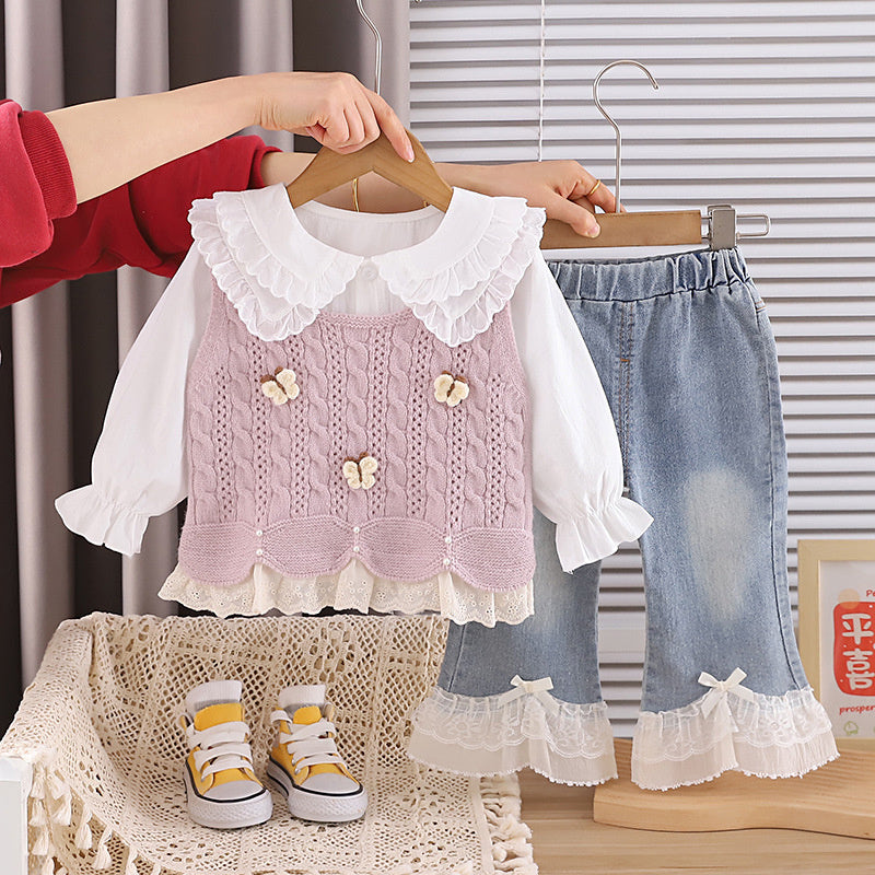 Baby Girl Spring and Autumn Outfit 2026 New Model 3-Piece Butterfly Sweater Set for 1-Year-Old Girls