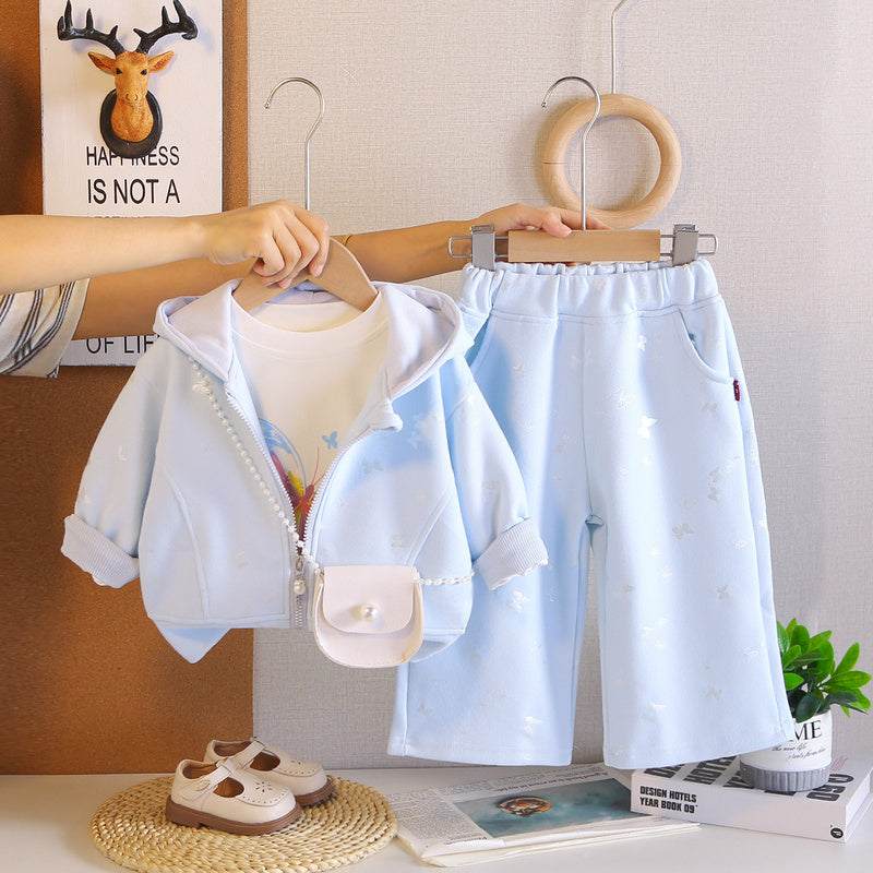 Girls' Spring and Autumn Outfit 2026 New Fashionable Baby Butterfly Crossbody Bag Three-Piece Set Infant Casual Trendy Wholesale