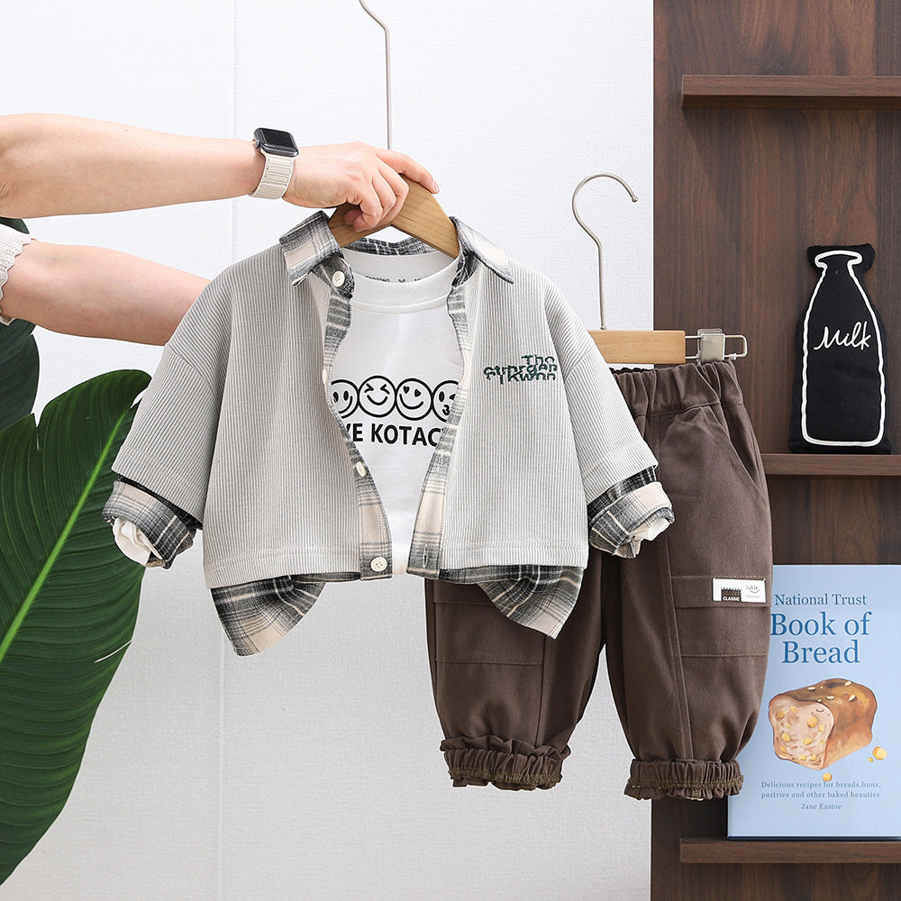 Boys' Spring and Autumn Outfit 2026 New Children's Smiley Face Plaid Patchwork Three-Piece Set Casual Clothes for Boys
