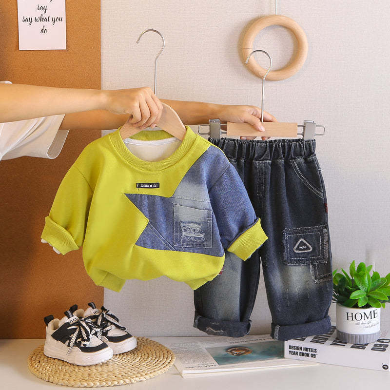 Boys' Casual Outfit 2026 Fashionable Baby Patchwork Pocket Sweatshirt New Two-Piece Set for Spring and Autumn