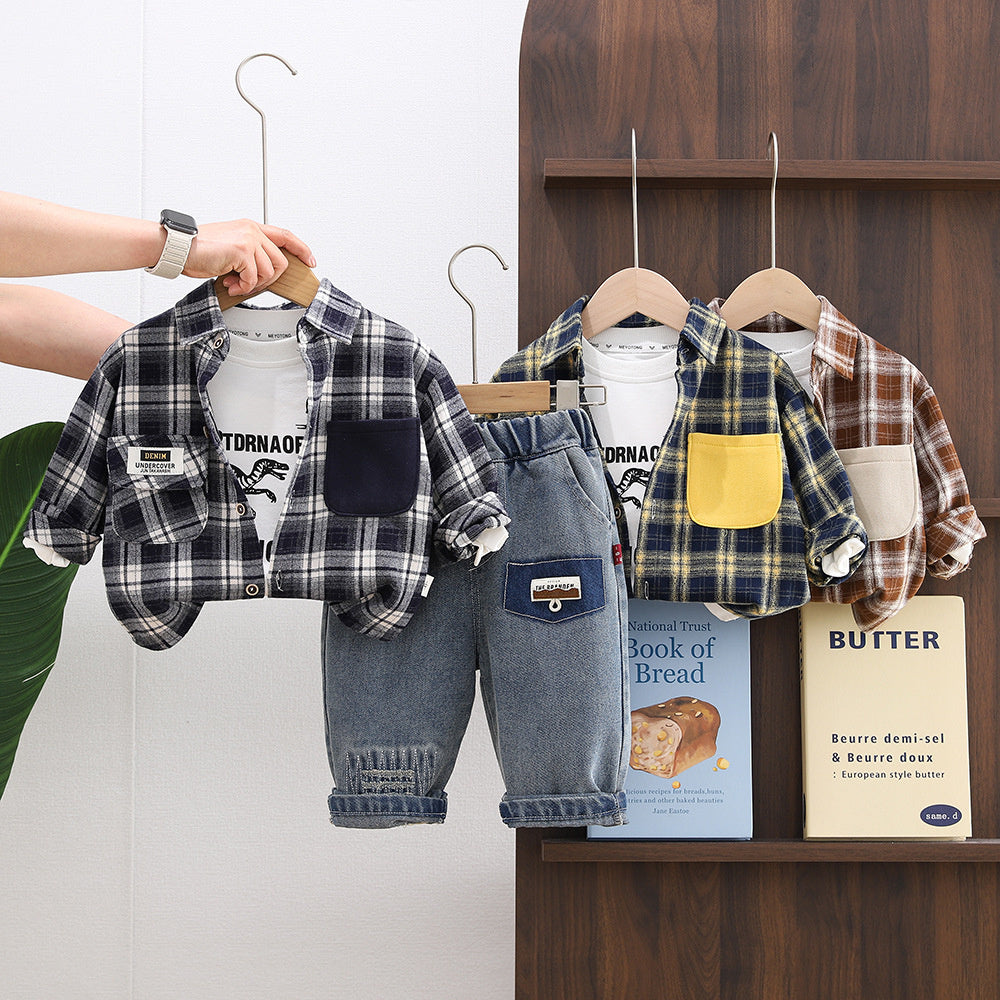 Stylish trendy children's clothing boys, baby outfit, dinosaur plaid shirt three-piece set, 2026 new model for infants in spring and autumn