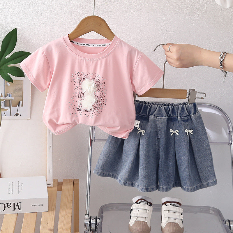 Outfit 2026 New Fashionable Children's Clothing with Rhinestones Short Sleeve Baby Girl Summer Two-Piece Set