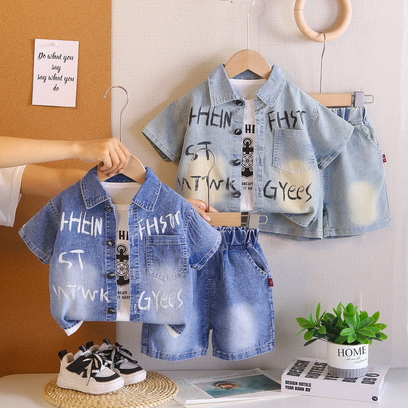 Boys' Summer Outfit 2026 New Children's Letter Print Denim Short Sleeve Shorts Baby Thin Clothing Three-Piece Set