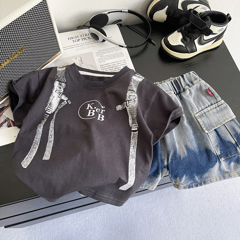 Boys' Outfit 2026 New Style Children's Faux Suspender Short Sleeve Baby Summer Thin Clothing Two-Piece Trendy Set