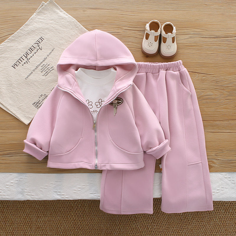 Girls' and Autumn Zipper Hoodie Three-Piece Set Infant Casual Outfit 1-4 Years Old Baby Spring Clothes Stylish for Babies
