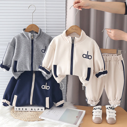 Children's Outfit Baby Sleeve Long Pants 2026 Spring and Autumn New Style Boys' Stand Collar Solid Color Letter Print Jacket Two-Piece Set
