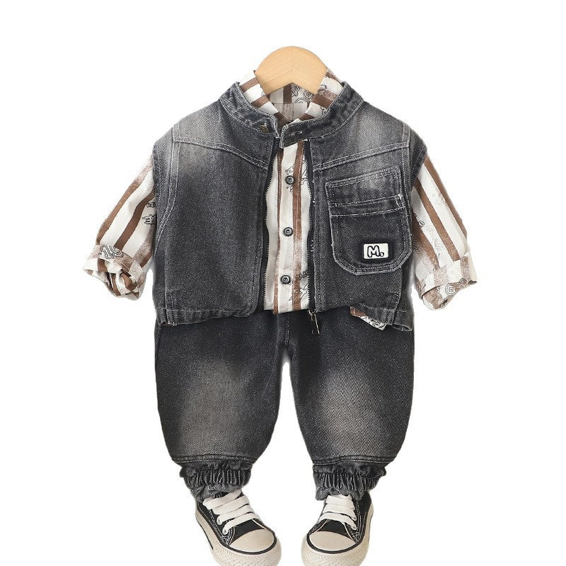 Baby clothes and autumn, Korean-style long-sleeve striped zip-up vest three-piece set for boys, stylish spring outfit