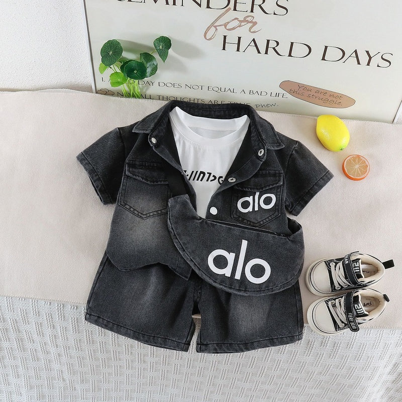 Outfit 2026 New Boys' Clothing Summer Baby Denim Letter Bag Three-Piece Set Short Sleeve Children's Korean Style