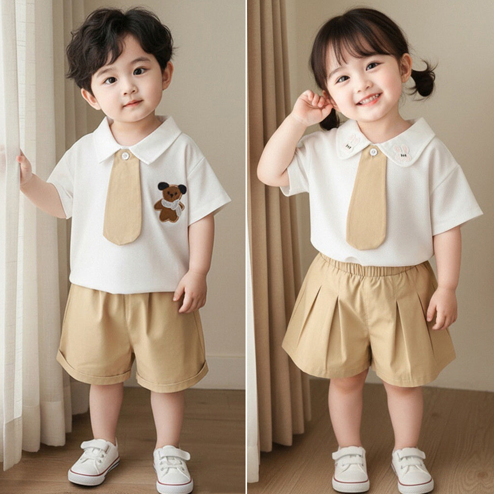 Boys and girls outfit 2026 new style children's cute summer clothes baby cartoon tie short-sleeve two-piece set