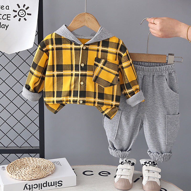 and Autumn Casual Hooded Plaid Shirt Set for Toddlers 1-3 Years Old, Baby Outerwear, Boys' Spring Outfit