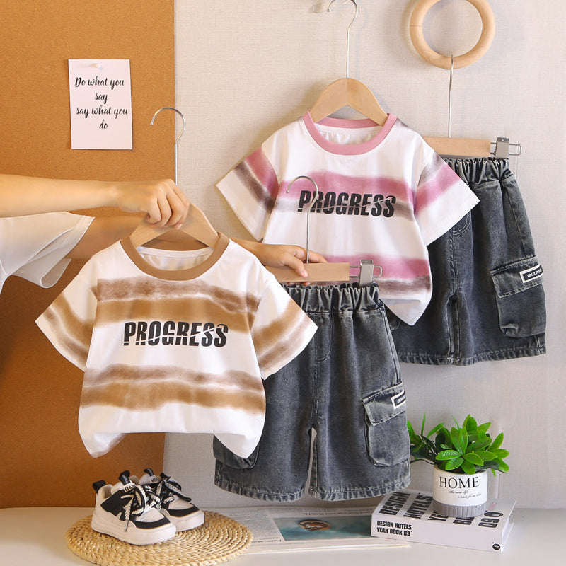 Boys' Outfit Baby Summer Short Sleeve 2026 New Fashionable Wide Stripe Letter Two-Piece Set for Toddlers