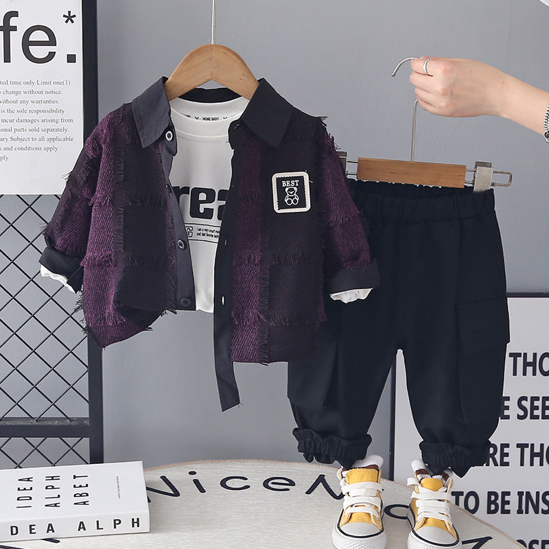 Boys' Spring Outfit 2026 Spring-Autumn New Korean Style Children's Stylish and Cool Plaid Furry Three-Piece Set for Young Boys