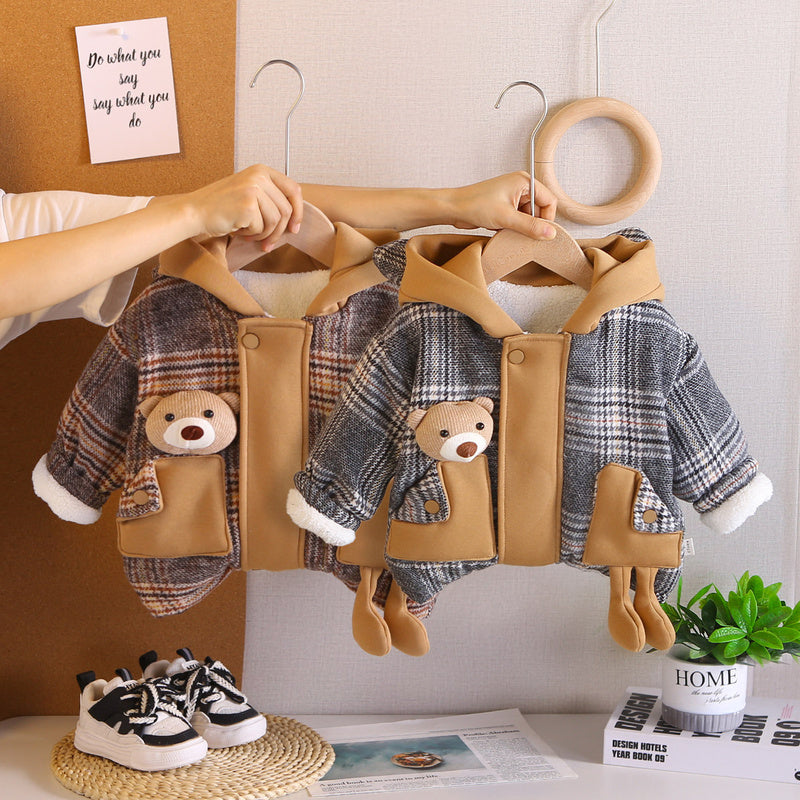 Boys' 2025 New Thickened Fleece Cartoon Pocket Bear Stylish Versatile Single Piece Plaid Jacket