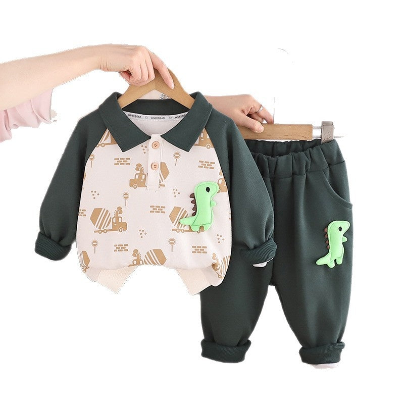 Boys' Outfit Set, Stylish Korean Version 2026 New Model, Children's Spring and Autumn Clothing, Little Dinosaur Color-Block Two-Piece Set for 1-5 Years Old