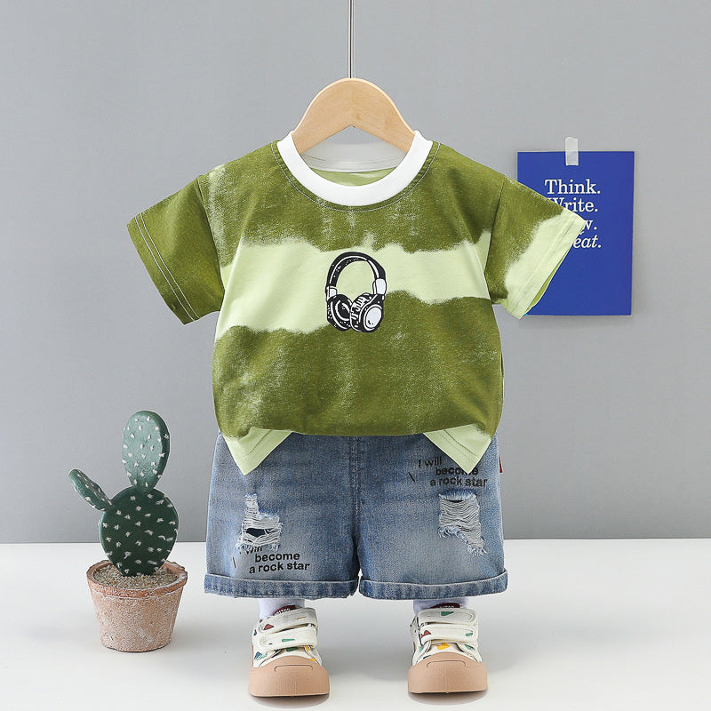 Boys' wide-striped casual short-sleeve thin T-shirt and children's summer shorts set, 26 new Korean-style baby two-piece outfit