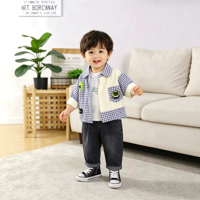 Children's Autumn Outfit Set: Boys' Plaid Patchwork Three-Piece Set, Stylish Long-Sleeve Shirt for Little Kids
