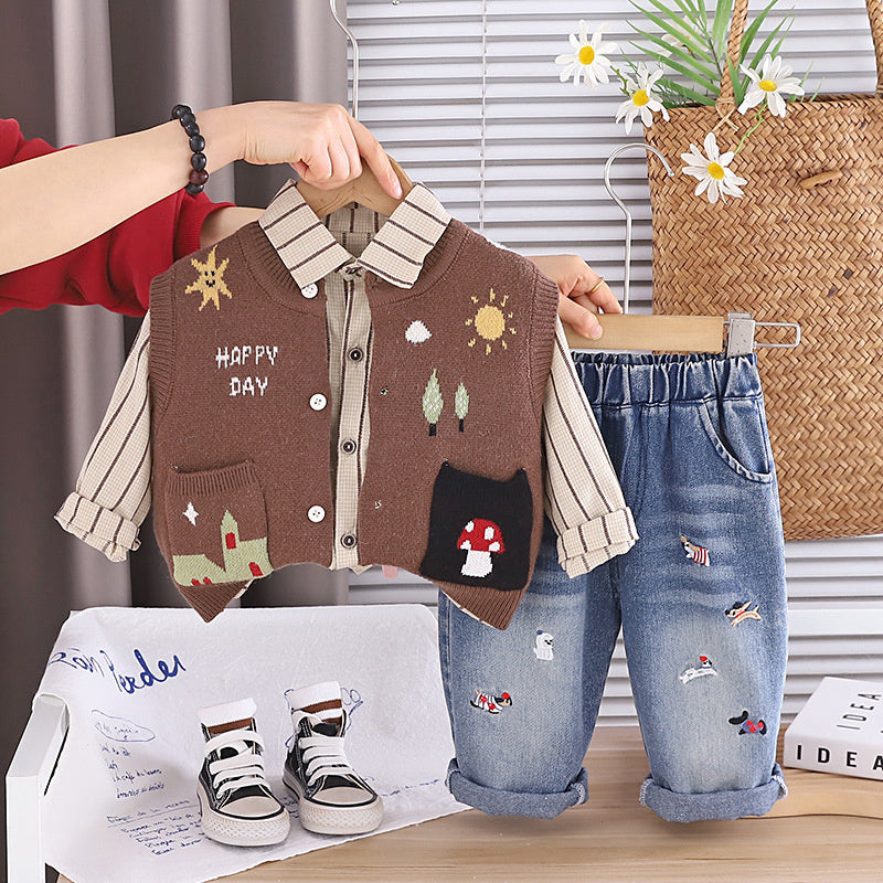 Boys' Spring Outfit 2026 New Fashionable Baby Children's Cartoon Little Sun Sweater Three-Piece Set