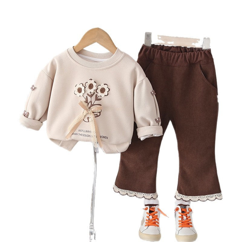 Girls' Outfit 2026 New Baby Spring Fashion Stylish Children's Long Sleeve Small Flower Bow Sweatshirt Two-Piece Set