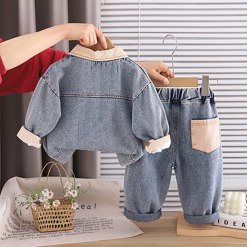 Boys' and Autumn Outfit 1-4 Year Olds, Spring Infant Children's Clothing, Stylish Denim Bear Three-Piece Set for Toddlers