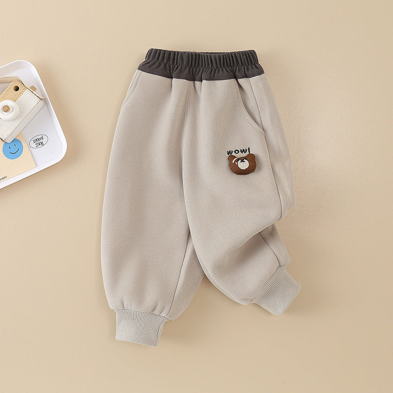 Baby Fleece-Lined Big Mouth Bear Autumn Winter Style Outerwear Boys Toddler Sweatpants Children's Sports Infant Long Pants