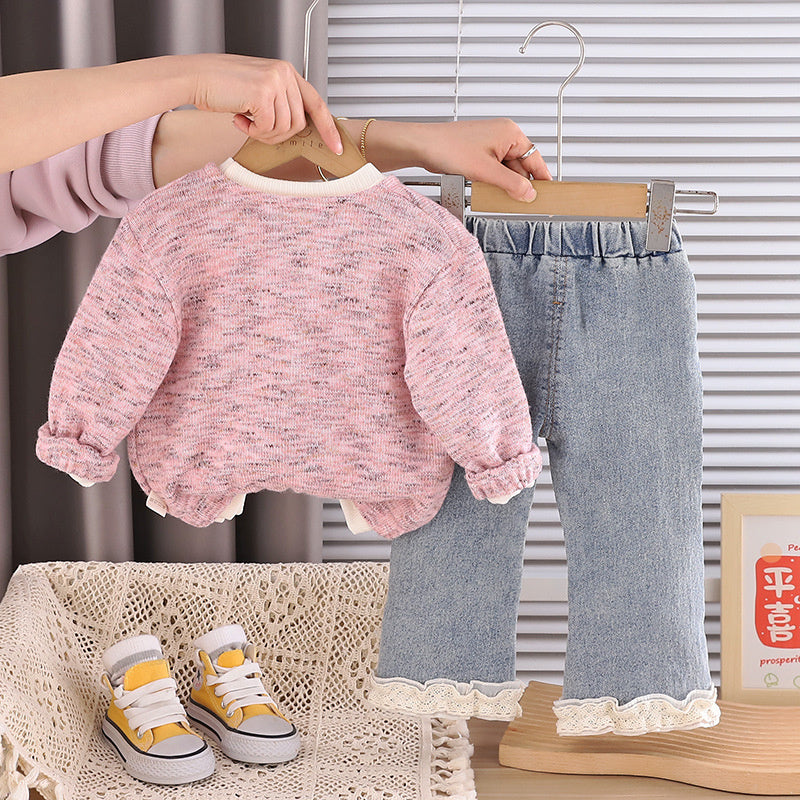 Girls' Stylish Outfit 2026 New Baby Spring and Autumn Colorful Yarn Sweater Long Sleeve Three-Piece Set Children's Casual Trendy Clothing