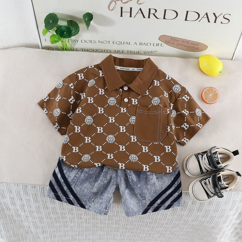 Boys' Outfit 2026 New Summer Fashionable Letter Polo Shirt Short Sleeve Shorts Two-Piece Set for Baby Boys