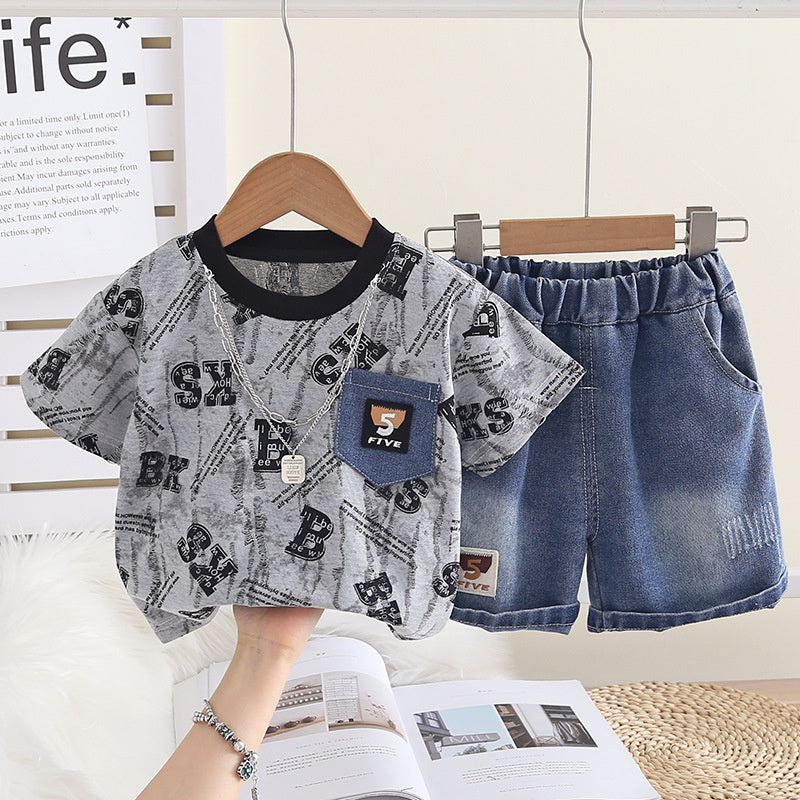 Boys' Outfit 2026 New Fashionable Two-Piece Set Baby Summer Full-Print Letter Short-Sleeve Infant Clothes Trendy