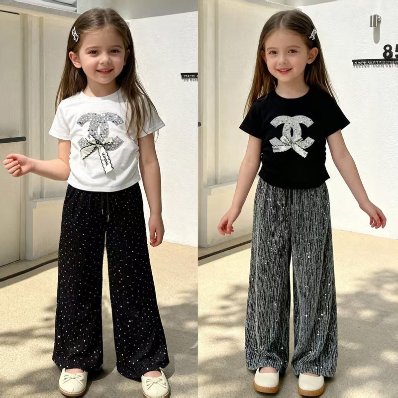 Girls' Outfit 2026 New Style Toddler Children's Clothing Baby Silver Rhinestone Long Pants Summer Two-Piece Trendy Set