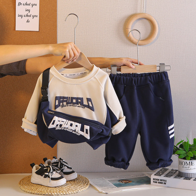 Baby Korean-style sweatshirt bag set, stylish boys' spring autumn clothing, infant and toddler two-piece trendy outfit